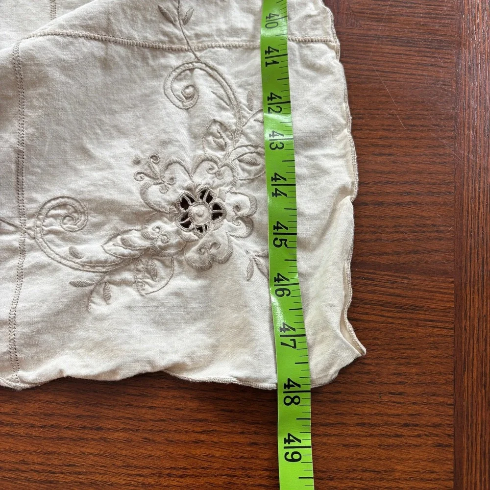 Vintage Cream Embroidered Linen Tablecloth + Table Runner Cutwork Lace  59x48
